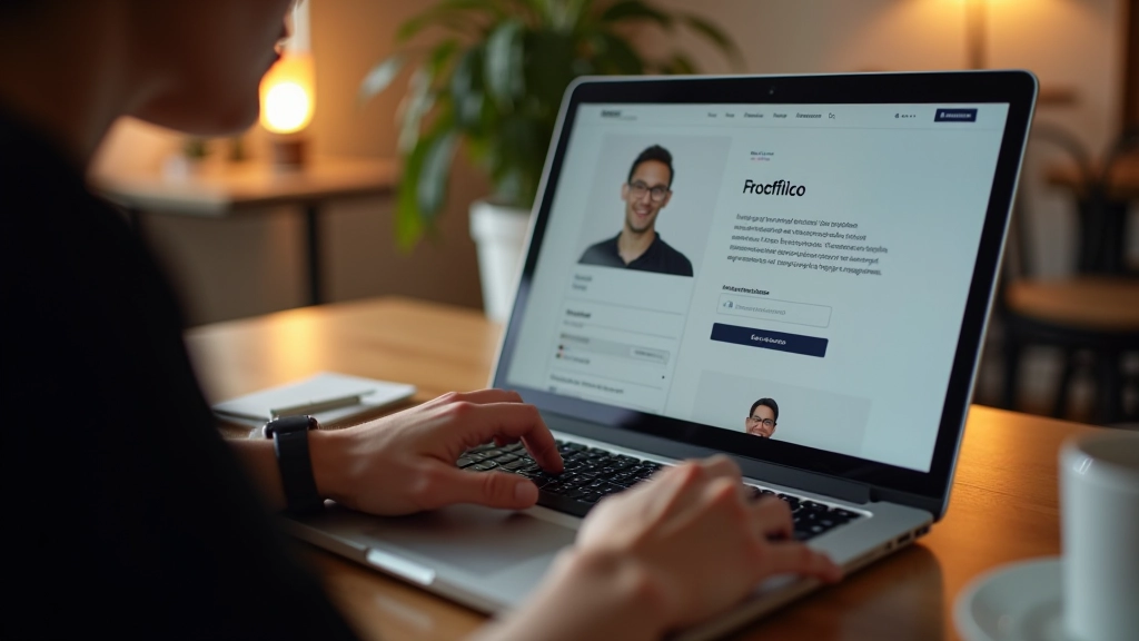 Zaslon računala prikazuje profil na freelance platformi s fotografijom, povratnim informacijama i portfeljom projekata