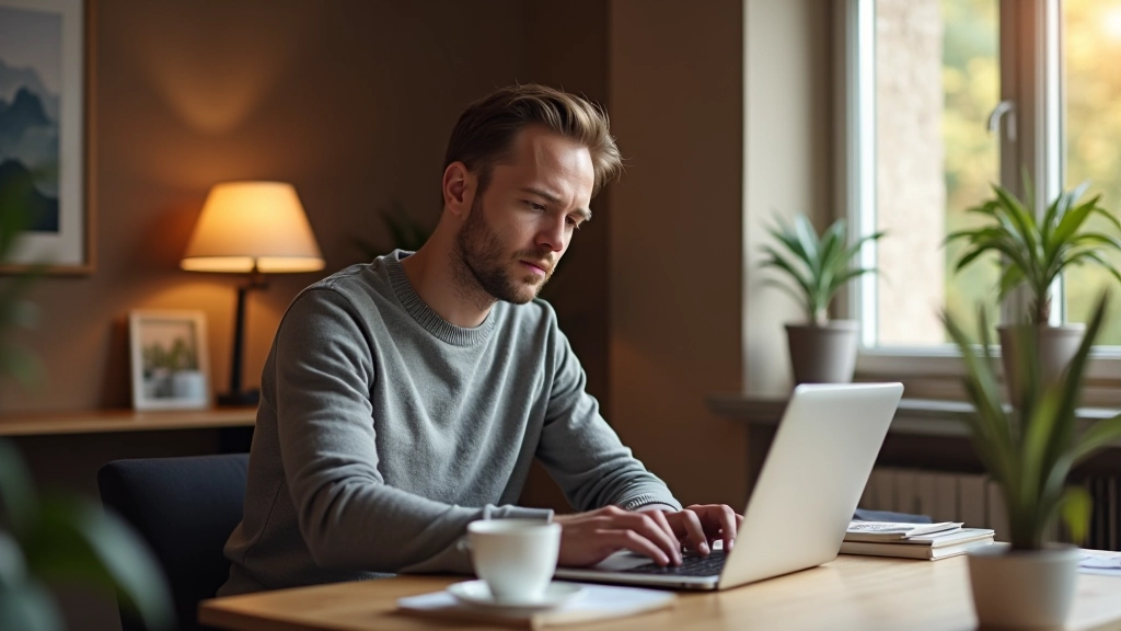 Parac koji čita članak na laptopu, koncentriran i motiviran